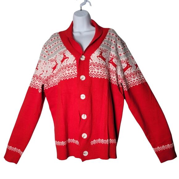 Red Reindeer Christmas Cardigan Sweater NWOT Fair Isle Knit Holiday Sz L - Picture 1 of 6